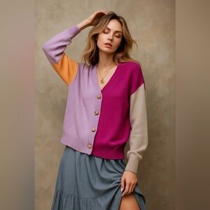 Easel Color Block Cardigan Lilac Peach Magenta Button Front Sweater NWT Small